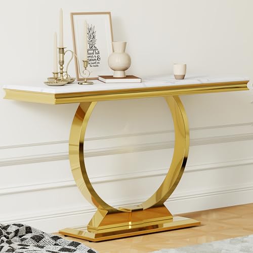 Asday Gold Console Table, 50 Inch Glam White and Gold Entryway Table with U-Shaped Base, Polished Gold Entrance Table with White Top for Entryway, Hallway, Foyer Asday