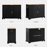 Ball & Cast Fluted Kitchen Island with Trash Can Storage Cabinet,Power Outlet,Internal Storage Rack,Rolling Kitchen Islands On 5 Wheels W/3 Drawers & 3 Open Side Racks for 10 Gallon Garbage Bin,Black Ball & Cast