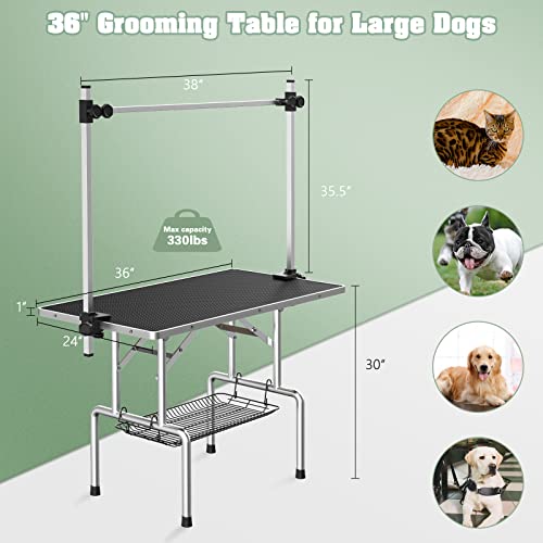 Lyromix Dog Grooming Table, Adjustable Large Pet Drying Desktop, Foldable Bathing Desk with Arms, Noose, Mesh Tray, Maximum Capacity Up to 330Lb