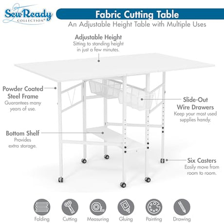 Sew Ready Folding Sewing Craft Table with Storage, Adjustable Height Cutting Desk with Drawers and Wheels for Quilting, Fabric, and Hobby Room, White Sew Ready