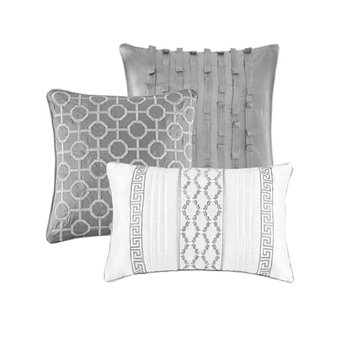 Madison Park Luxury Comforter Set-Traditional Jacquard Design All Season Down Alternative Bedding, Matching Bedskirt, Decorative Pillows, King(104"x92"), Bennett, Geometric Grey, 7 Piece Madison Park