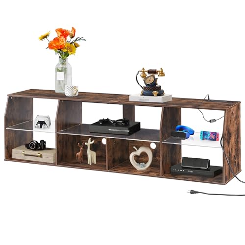 VECELO LED TV Stand with Lights & Power Outlet for 65 inch Gaming Entertainment Center with 7 Open Storage Shelves, Industrial Television Cabinet for Living Room, Bedroom, Retro Brown, 65inch VECELO