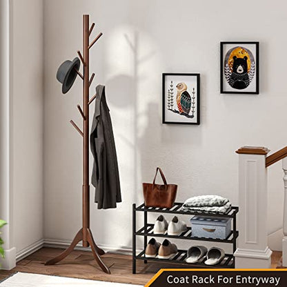 Coatrack 8 Standing Bamboo Coat Rack Hat Hanger 8 Hook for Jacket, Purse, Scarf Rack, Umbrella Tree Stand (Brown)