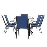 Flash Furniture Brazos 7 Piece Outdoor Patio Dining Set - 6 Navy Flex Comfort Stack Chairs - 55" Tempered Glass Patio Table with Umbrella Hole Flash Furniture