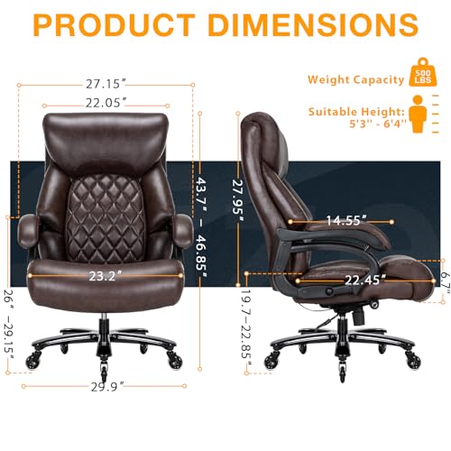 Big and Tall Office Chair for Heavy People, 500LBS High Back Extra Wide Heavy Duty Executive Office Chair Comfortable for Home Office, Large Computer Desk Chair with Adjustable Lumbar Support Brown ZSQN