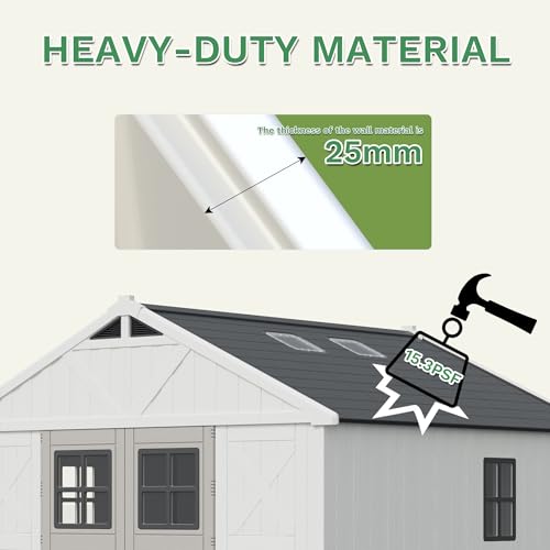 Greesum 10x10 FT Plastic Outdoor Storage Shed with Floor, Resin Sheds with Windows and Skylights, Weather Resistant Organization with Lockable Door, for Garden, Lawn, Pool Supplies, Beige Greesum