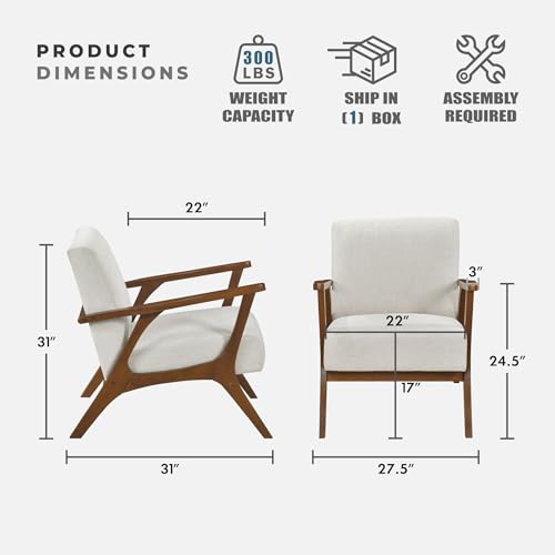 Lexicon Mid-Century Modern Accent Chair, Woven Chenille Fabric Lounge Chair, Chestnut Solid Wood Frame, Wide Arm Rest and Cushioned Comfort for Living Room/Office/Bedroom/Reading Nook, Beige Lexicon