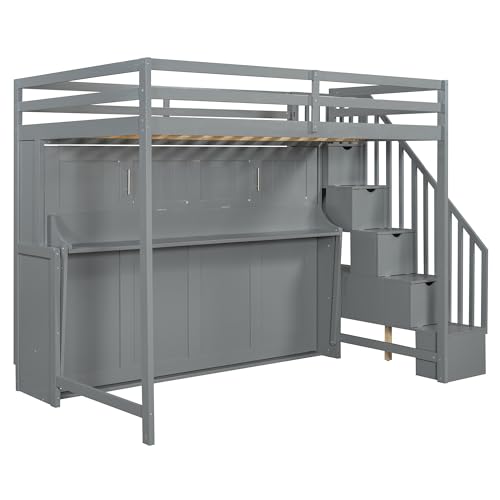 Merax Full Over Full Size Murphy Bed with Hydraulic Lift and Built-in Desk, Space-Saving Wall Bed with Desk Design, Ideal for Home Office, Small Rooms, or Apartments, Gray Merax