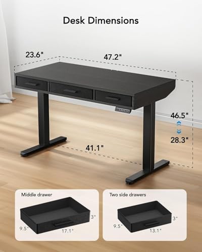 HUANUO Electric Standing Desk with Drawers, C-Clamp Mount Compatible, 48 x 24 Inch Height Adjustable Sit Stand Desk, Fabric Drawers, Home Office Stand Up Desk with 4 Custom Height Settings, Black HUANUO