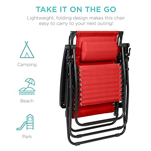 Best Choice Products Folding Zero Gravity Outdoor Recliner Patio Lounge Chair w/Adjustable Canopy Shade, Headrest, Side Accessory Tray, Textilene Mesh - Crimson Red