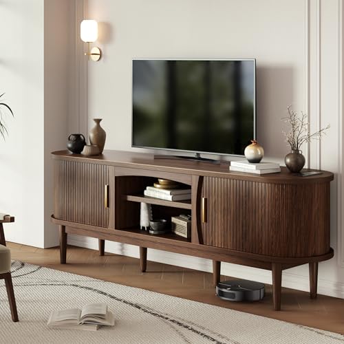 Decofy Mid Century TV Stand for TVs up to 80 Inches, Entertainment Center with Storage, Power Outlet, Fluted Sliding Doors & Adjustable Shelves, Modern Media TV Console Table for Living Room (Walnut) Decofy