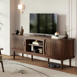 Decofy Mid Century TV Stand for TVs up to 80 Inches, Entertainment Center with Storage, Power Outlet, Fluted Sliding Doors & Adjustable Shelves, Modern Media TV Console Table for Living Room (Walnut) Decofy