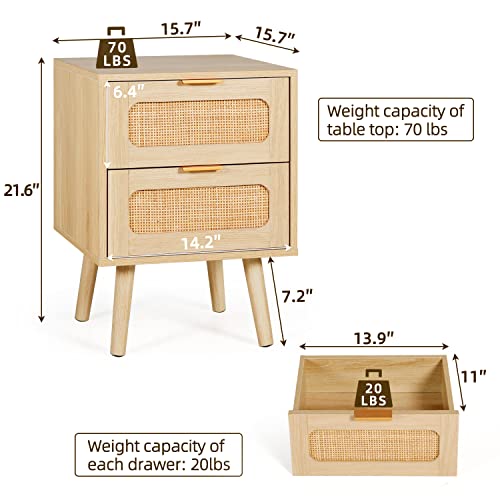 LAZZO Set of 2 Nightstands Wooden Night Stands with Rattan Drawers Home Bedside End Table for Bedroom (2 Drawers Design) LAZZO