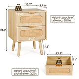LAZZO Set of 2 Nightstands Wooden Night Stands with Rattan Drawers Home Bedside End Table for Bedroom (2 Drawers Design) LAZZO