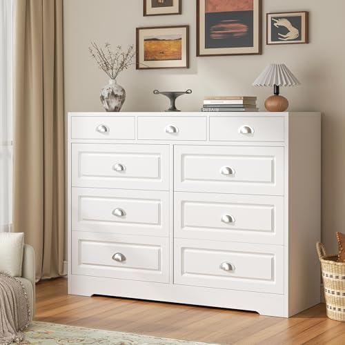 Shintenchi Dresser for Bedroom with 9 Drawers, White Dresser & Chest of Drawers Wooden Organizer with Metal Handle, Storage TV Stand for Living Room