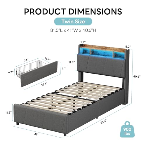 LIKIMIO Twin Bed Frame with 2 Storage Drawers, Charging Station & LED Lights, Upholstered Platform Twin Bed with Storage Headboard, Strong Wooden Slats, No Box Spring Needed, Easy Assembly, Grey LIKIMIO