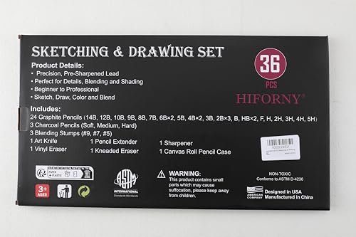 HIFORNY 36 PCS Sketching Drawing Pencil Set,Sketch Pencils Art Supplies with Graphite,Charcoal,Blending Tools,Accessories,Drawing Kit for Adults Artists in Canvas Roll Up Case HIFORNY