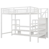 Full Size Loft Bed with LED Light & TV Table, High Loft Beds with Charging Station & Storage Bookcase, Wardrobe, Heavy-Duty Metal Lofts Frame with Stairs for Kids, Teens & Adults Dorms, White Mirightone