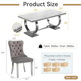 Goujxcy 7 Piece Marble Dining Table Set for 6, Luxury 70" White Marble Silver Kitchen Table with 6 Grey Velvet Upholstered Chairs, Modern 6 Person Dining Room Table Set for Kicken Dining Office Room Goujxcy