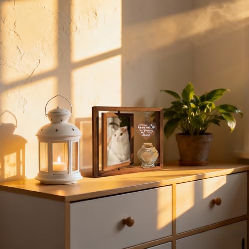 HAMUIERS Cat Memorial Gifts for Loss of Cat - Rotating Wooden Frame for 4x6 Photo & Fur Hair Jar - Sympathy Gift for Pet Bereavement, Remembrance Keepsake - Rainbow Bridge Gift for Cat Lovers