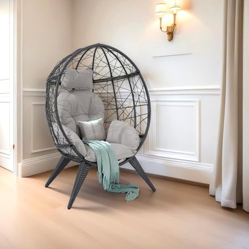 Rattan Egg Chair for Adult, Indoor Outdoor Patio Large Wicker Egg Chair with Overstuffed Cushions, Steel Frame, Boho Nest Seat for Patio, Bedroom, Lawn, Backyard VKUCI