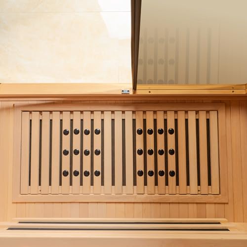 WOODBRIDGE Infrared Home Sauna Room 2 Person Hemlock Wooden Indoor Sauna,7 Carbon 1980W/120V Heaters,with Led Color Therapy Light,Bluetooth Speaker,Tempered Glass,Touch-Tone Keypad and A Top Vent