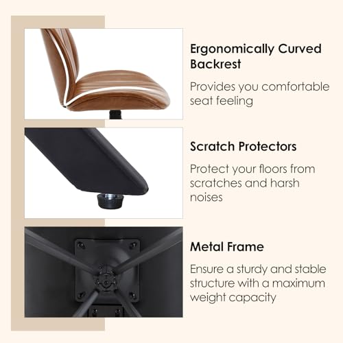 Relbiety 19" Faux Leather Swivel Office Chair No Wheels, Upholstered Armless Modern Desk Task Criss Cross Chair Legged No Wheels and No Arms, Swivel Vanity Chairs for Bedroom Office, Brown Relbiety