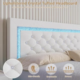 BarnFurin Floating Bed Frame with LED Lights, Upholstered Platform Bed with Diamond Tufted Headboard (White, King) BarnFurin