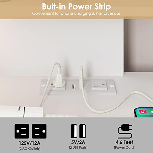 Vabches Corner Vanity Desk with Lighted Mirror & Power Strip,White Makeup Vanity Table with Lights,42 inch Corner Vanity Mirror with Lights and 4 Drawer, 3 Lighting Modes, Brightness Adjustable Vabches