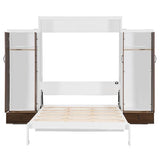 Flieks Full Size Murphy Bed, Wooden Full Wall Bed with Closet, Drawers and Desk, White Flieks