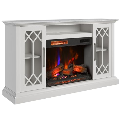 duraflame® Electric Fireplace Farmhouse Media Console for 65 Inch TVs with Glass Doors, Bright White Duraflame