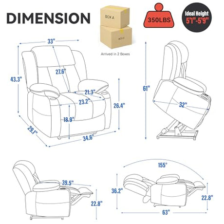 RHHVVR Power Lift Recliner Chair, 350lb Capacity with 8-Point Massage & Heating, USB/Type-C Ports & Cup Holders, Heavy Duty Chenille Recliner for Elderly, Beige RHHVVR