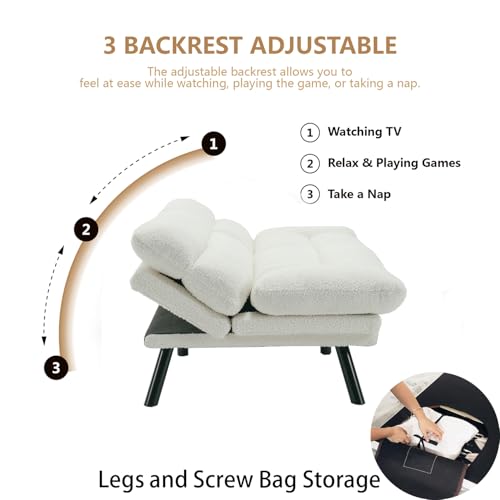 Klwenas Maec White Convertible Futon Sofa Bed, Memory Foam Foldable Couch, Teddy Loveseat Sleeper Daybed with Adjustable Armrests for Small Space, Bedroom, Office, Apartment, Living Room (White) Klwenas Maec