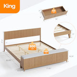 VINGLI Fluted King Bed Frame with headboard and Storage Bench, Boho Wooden Single Platform Panel Bed with Wingback Headboard and 4 Drawers,Mid-Century Modern Sleign Bed,Oak VINGLI