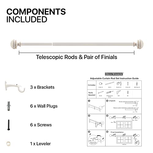 Deco Window 1 Inch Extendable 36"-66" Farmhouse Ivory Curtain Rod for Windows & Doors with Hammered Mushroom Finials & Brackets Set Deco Window