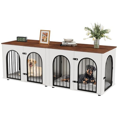71" Large Dog Crate Furniture for 2 Dogs, Wooden Double Dog Crate, Indoor Dog Kennel TV Stand with Divider and Cushion for Large Medium Dogs, White/Brown