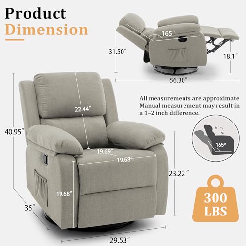 Korser Recliner Chair, 360 Swivel Rocker Chair for Adults, Small Rocking Recliner for Small Spaces, Upholstered Fabric Glider Recliner Nursery (Swivel Rocker Recliner, Light Khaki)