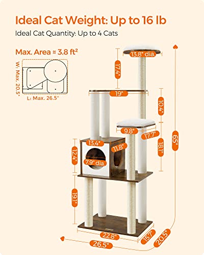 Feandrea WoodyWonders Cat Tree, 65-Inch Modern Cat Tower for Indoor Cats, Multi-Level Cat Condo with 5 Scratching Posts, Perch, Washable Removable Cushions, Cat Furniture, Rustic Brown UPCT166X01 Feandrea