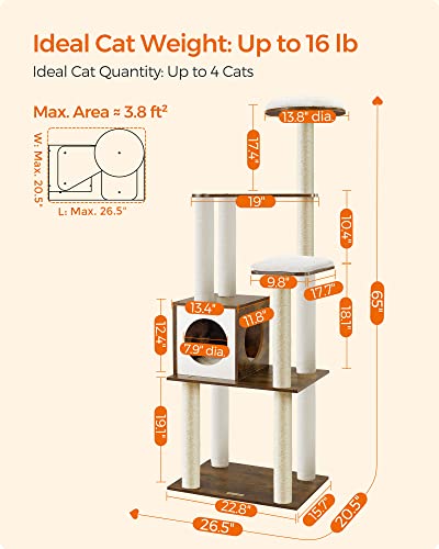 Feandrea WoodyWonders Cat Tree, 65-Inch Modern Cat Tower for Indoor Cats, Multi-Level Cat Condo with 5 Scratching Posts, Perch, Washable Removable Cushions, Cat Furniture, Rustic Brown UPCT16 - WoodArtSupply