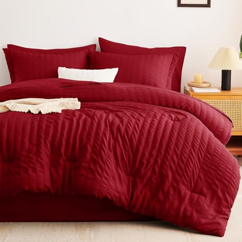 CozyLux Full Size Comforter Sets with Sheets Seersucker 7 Pieces Dark Red Bed in a Bag Textured Luxury Soft Bedding Set with Down Alternative Comforter, Sheets, Pillowcases & Shams for All Seasons CozyLux