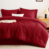 CozyLux Queen Comforter Set Dark Red Seersucker 7 Pieces Bed in a Bag Queen Comforter Set with Sheets, Luxury Soft Bedding Set with Down Alternative Comforter, Sheets, Pillowcases & Shams All Seasons CozyLux