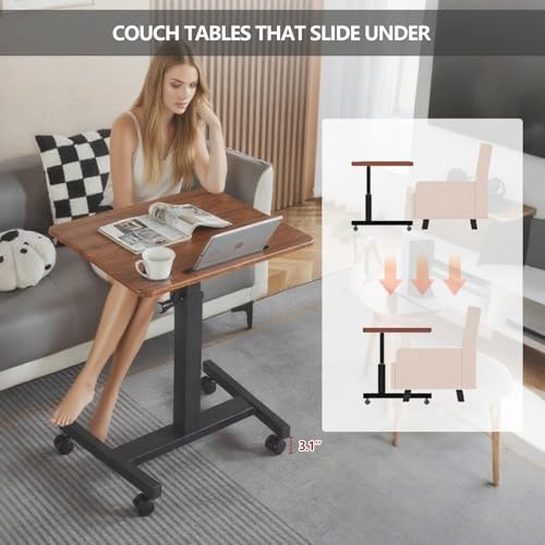 Mobile Standing Desk,Height Adjustable Overbed Bedside Table with Wheels&Cup Holder,Hand Crank Sit Stand Desk and Laptop Cart,Computer Workstation for Home Office Classroom Hospital (Manual Walnut) BeGyoku