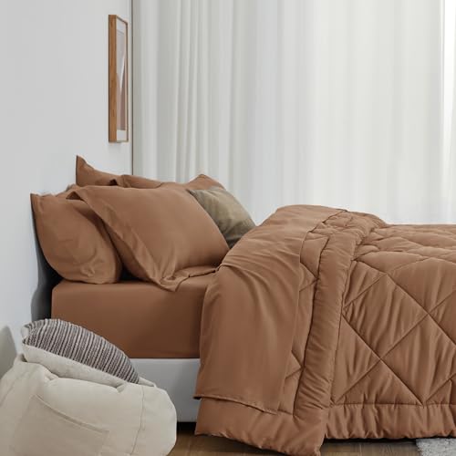 Love's cabin Full Comforter Set Mocha Mousse, 7 Pieces Full Bed in a Bag, All Season Bedding Sets with 1 Comforter, 1 Flat Sheet, 1 Fitted Sheet, 2 Pillowcase and 2 Pillow Sham Love's cabin