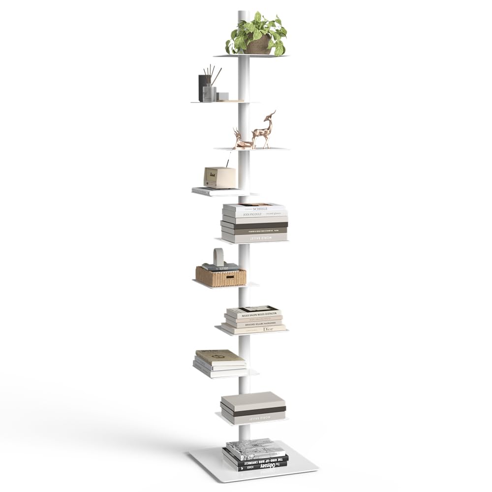 Nidouillet 9-Tier Metal Spine Bookshelf, Adjustable Vertical Tower for Books, Tall & Narrow Ladder Bookcase, Space-Saving Multipurpose Corner Storage Shelf, Display Stand, Tool-Free Assembly, White Nidouillet