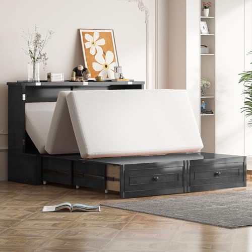 PUREMIND Queen Murphy Bed with Mattress Included - Solid Wood - Hideaway Chest Beds with 2 Storage Drawers, USB Charging Ports - Space Saving Murphy Cabinet Bed for Guest Room, Bedroom PUREMIND