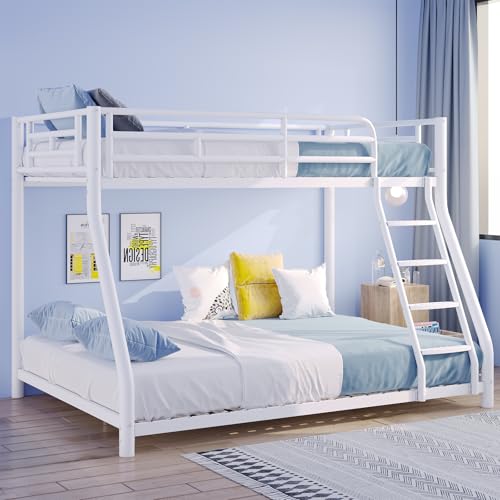 KAIFAM Metal Bunk Bed, Twin Over Full Bunk Bed with Safety Guardrail and Ladder, Bunk Beds Twin Over Full Size(White) KAIFAM