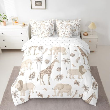 Feelyou Kids Jungle Animals Comforter Set Twin Size Elephant Lion Giraffe Bedding Sets Boys Teens African Safari Animal Bed in a Bag with 2 Pillowcases,Brown Feelyou