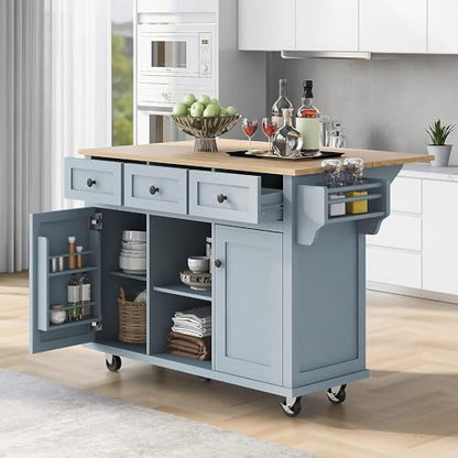 Coolove Kitchen Cart with Rubber Wood Drop-Leaf Countertop,Kitchen Island on 5 Wheels with Storage Cabinet and 6 Drawers for Dinning Room