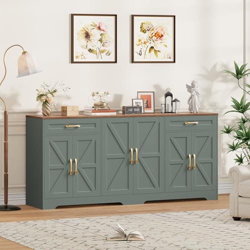 BOTLOG 71” Large Sideboard Buffet Cabinet with Storage, Farmhouse Kitchen Buffet Cabinet with Adjustable Shelves and 6 Barn Doors, Wood Coffee Wine Bar Console Table for Kitchen, Dining Room, Green BOTLOG