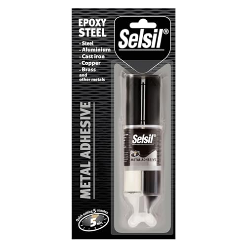 SELSIL Quick Epoxy Metal Adhesive Syringe, Strongest Glue for Metal to Metal Bonding, 5-Minute Curing Heavy Duty Epoxy Glue, Solvent-Resistant, Reinforced with Steel, Grey, 1 oz (28 g) Pack of 1